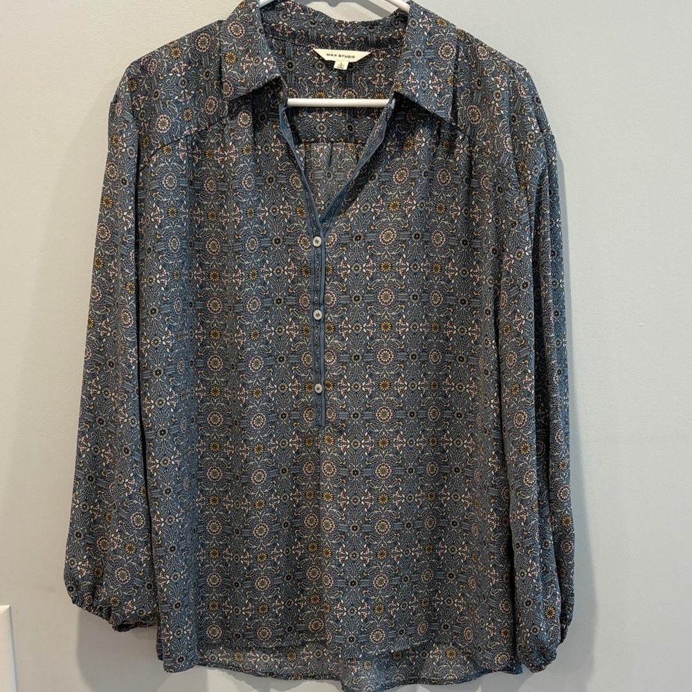 Max Studio Blue and Brown Geometric Shirt